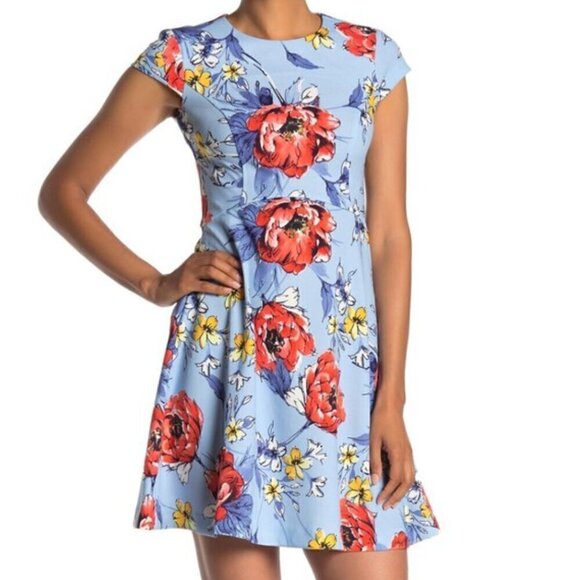 VINCE CAMUTO Floral Fit and Flare Cap Sleeve Dress Blue Red Mini Party Wedding 4 - Picture 1 of 16